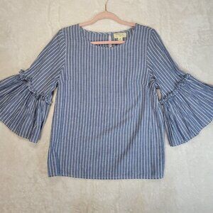 Midnight Sky M Woman's Blue Striped Chambray Top 100% Cotton 3/4 Sleeves